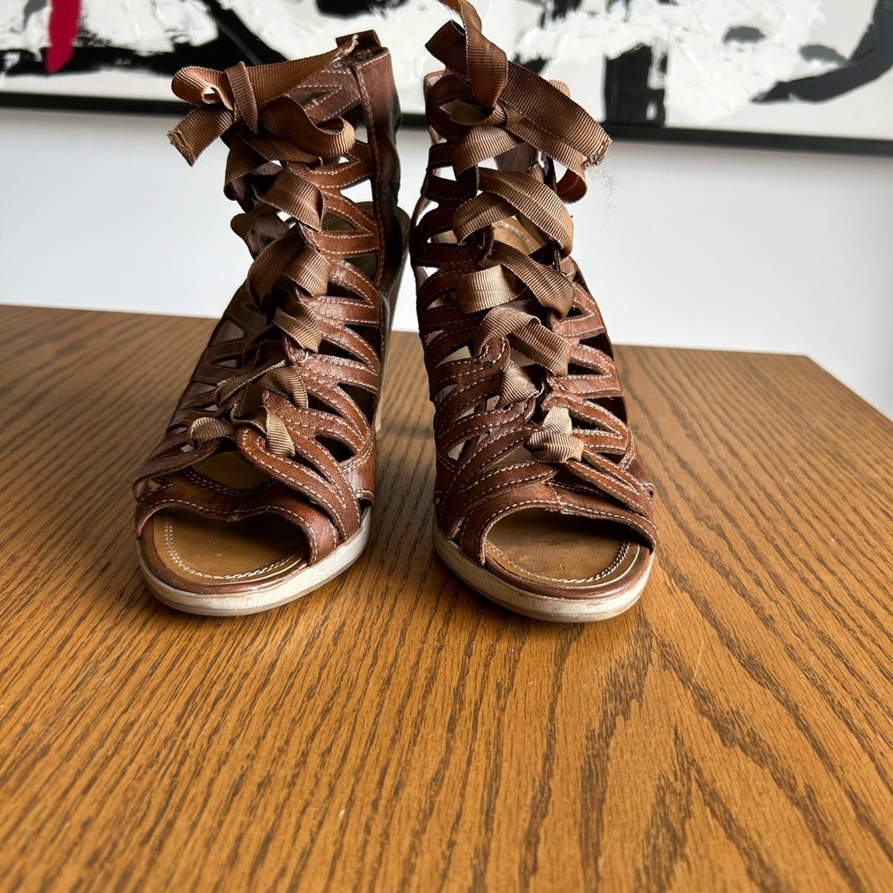 Brown leather tie gladiator sandals